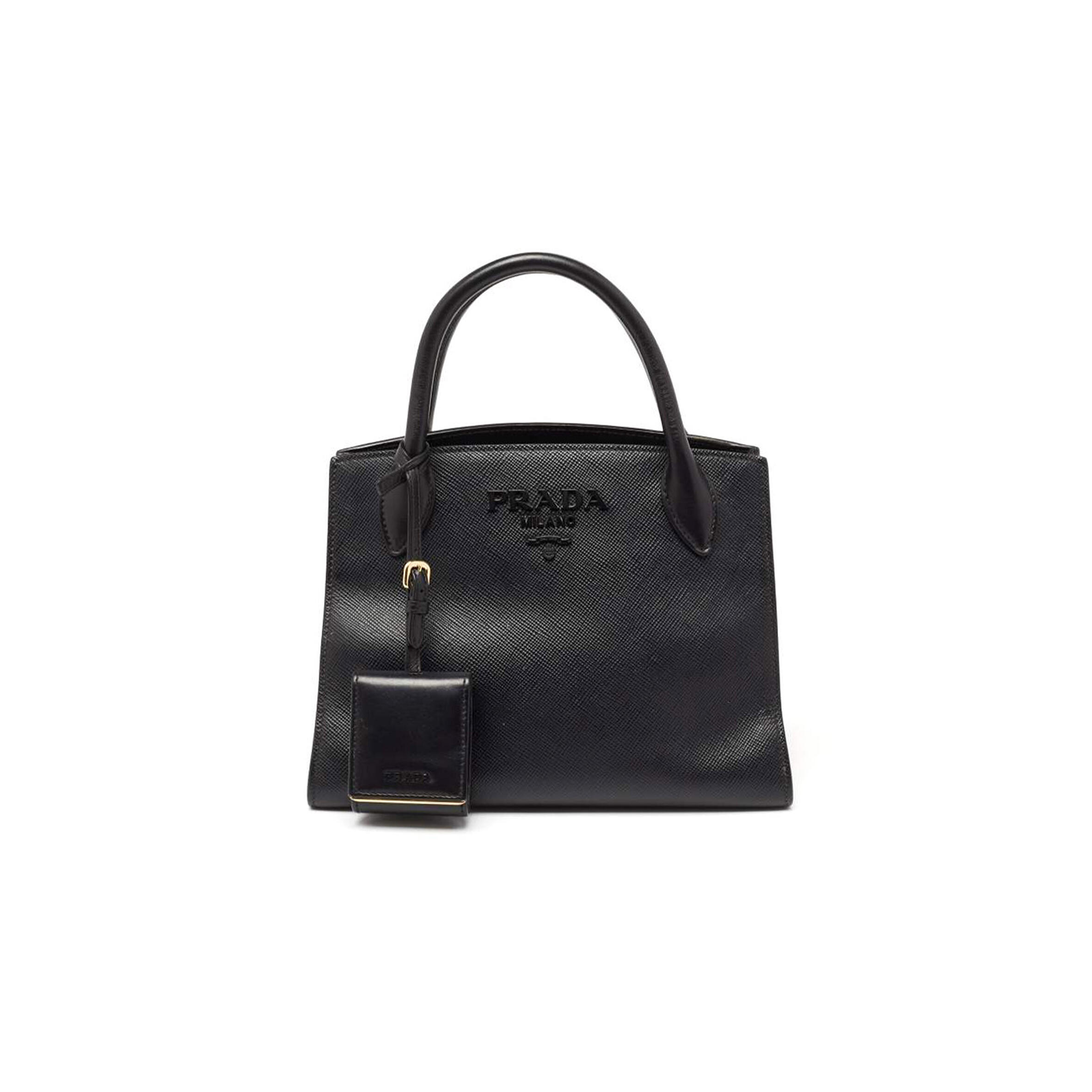 Pra*a black saffiano cuir leather small monochrome tote 1ba156 (26*20*10cm)